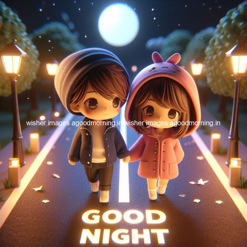 good night couple image with behind the beautifull moon the couple is walking in road with good night ()