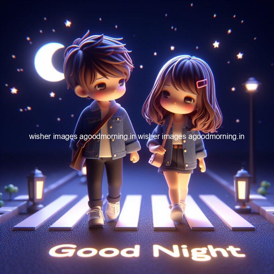 good night couple image with behind the beautifull moon the couple is walking in road with good night ()