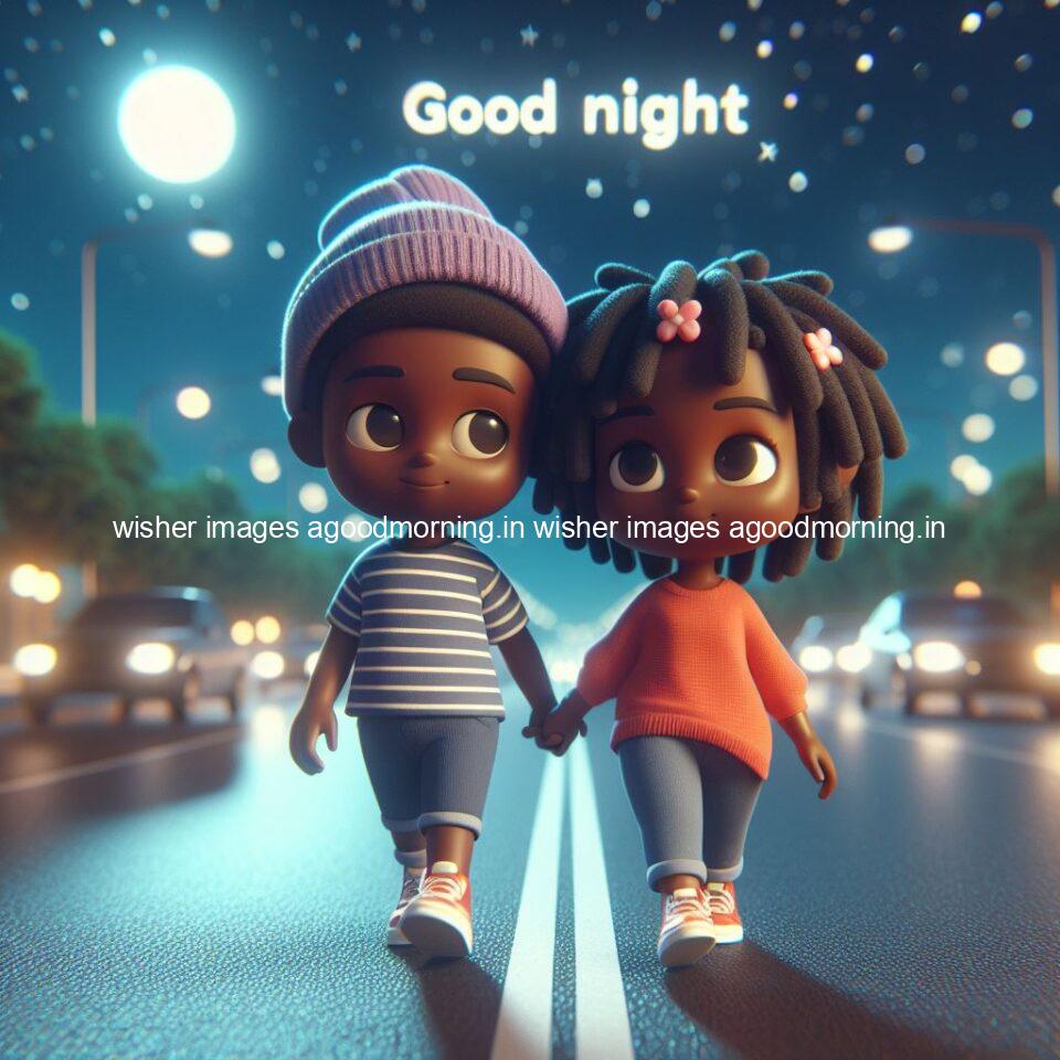 good night couple image with behind the beautifull moon the couple is walking in road with good night ()