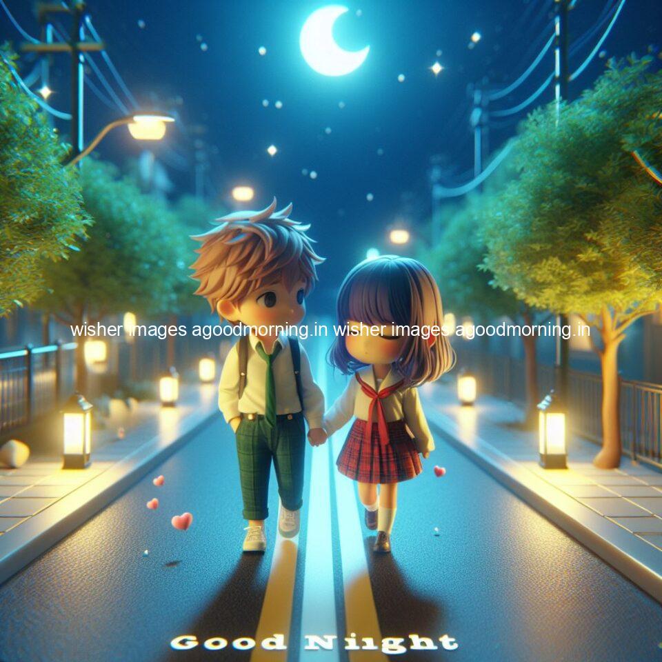 good night couple image with behind the beautifull moon the couple is walking in road with good night ()