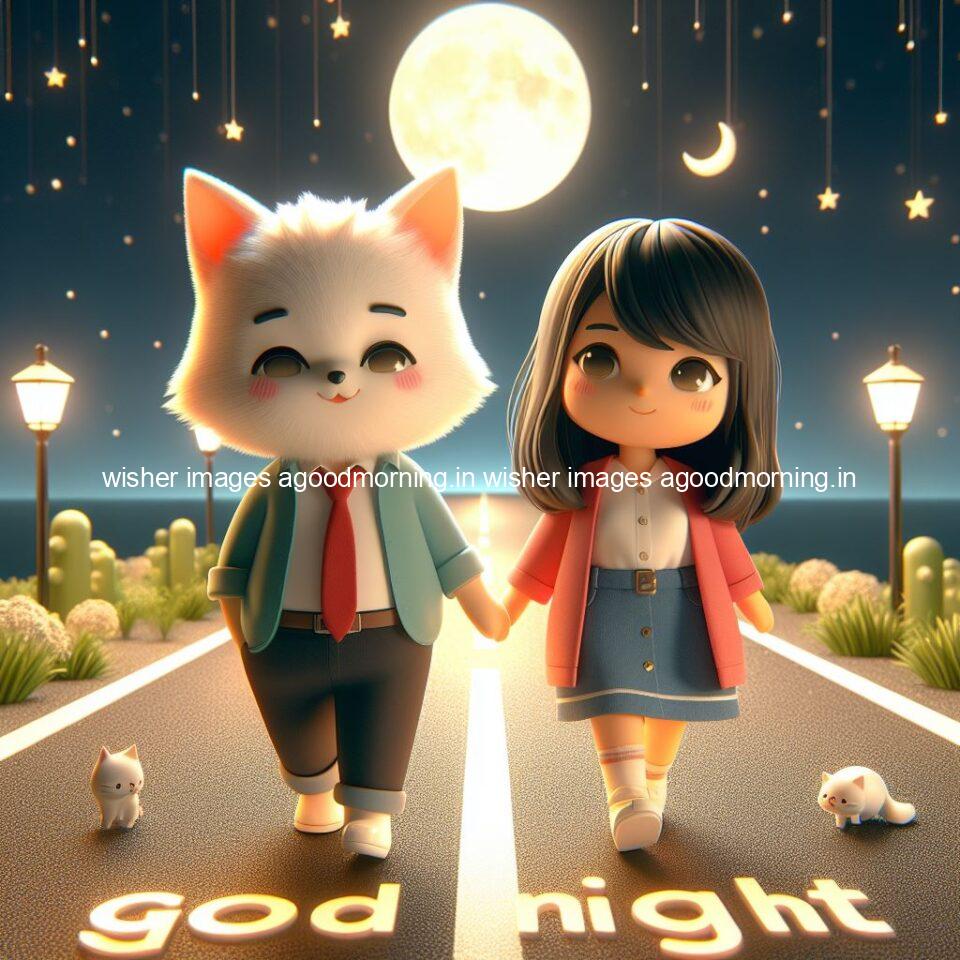 good night couple image with behind the beautifull moon the couple is walking in road with good night ()