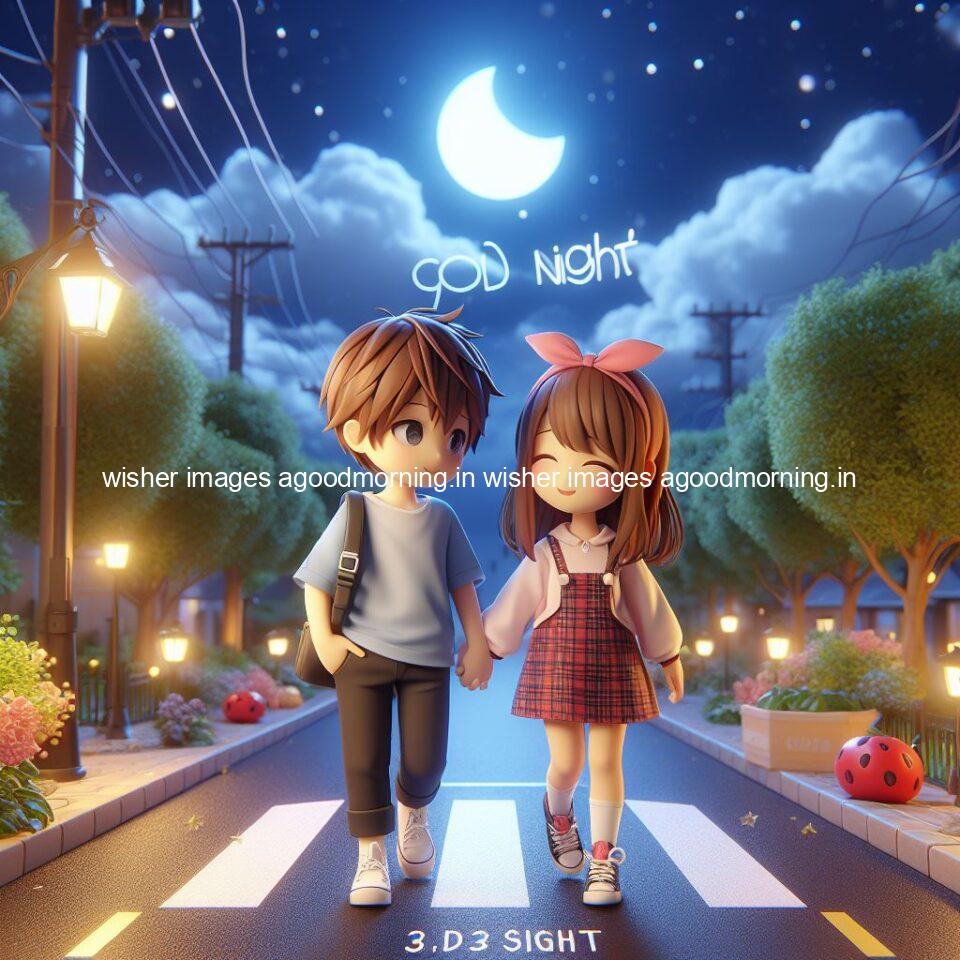 good night couple image with behind the beautifull moon the couple is walking in road with good night ()