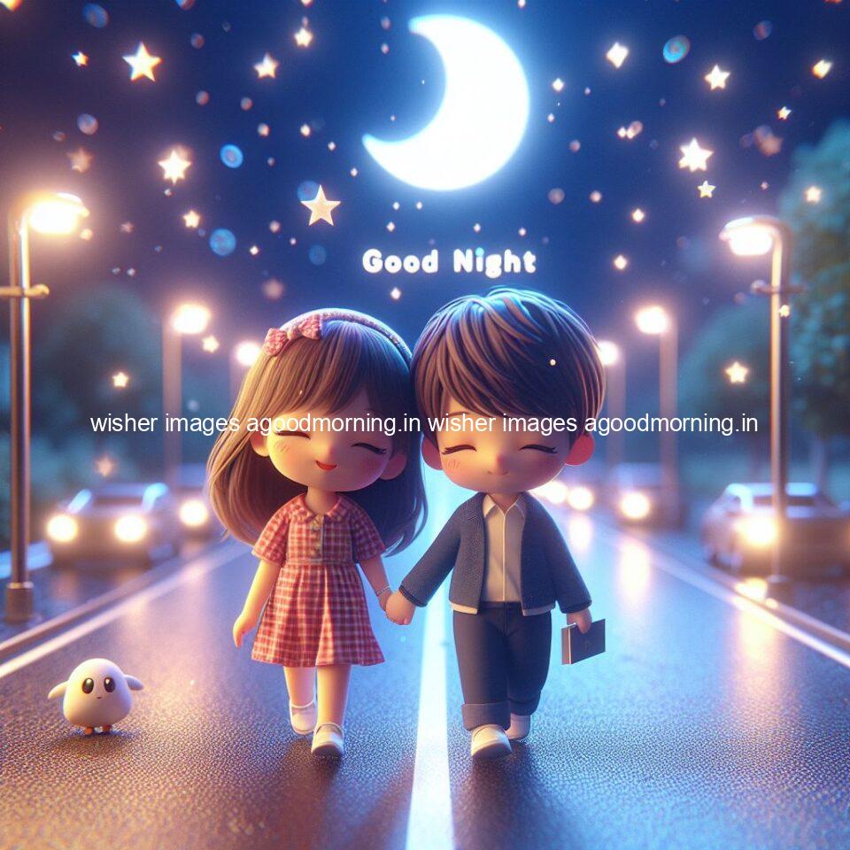 good night couple image with behind the beautifull moon the couple is walking in road with good night ()