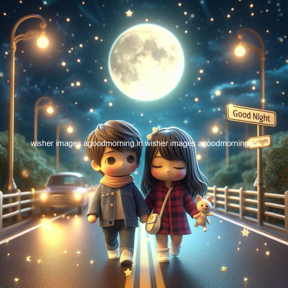 good night couple image with behind the beautifull moon the couple is walking in road with good night ()