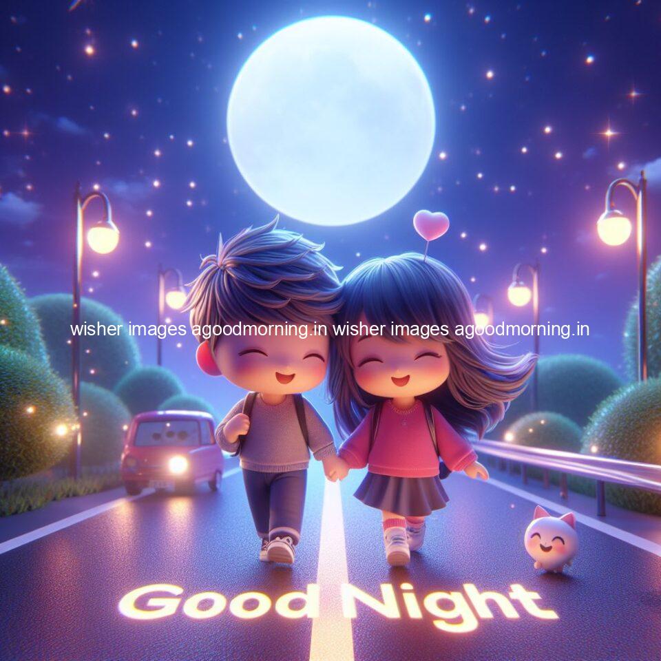 good night couple image with behind the beautifull moon the couple is walking in road with good night ()