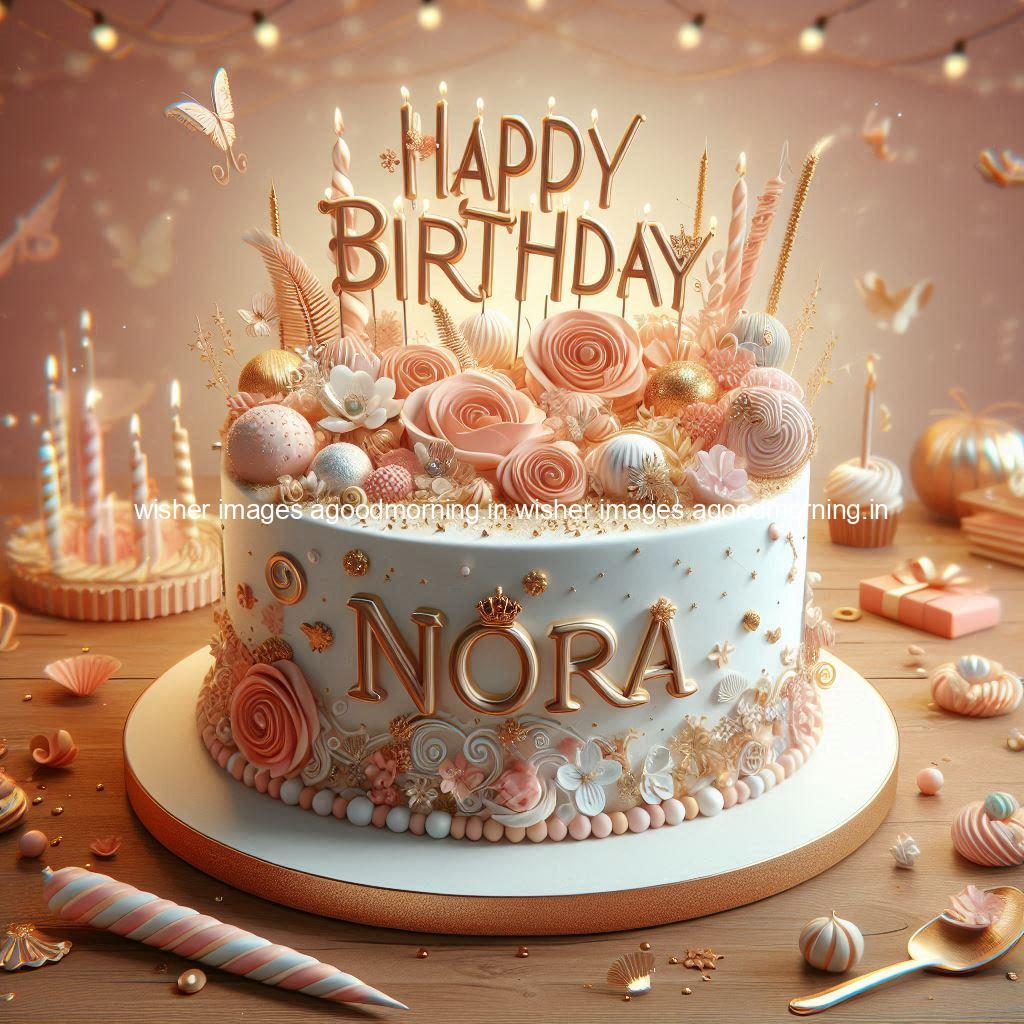 happy birthday name happy birthday nora beautiful background with cakes ()