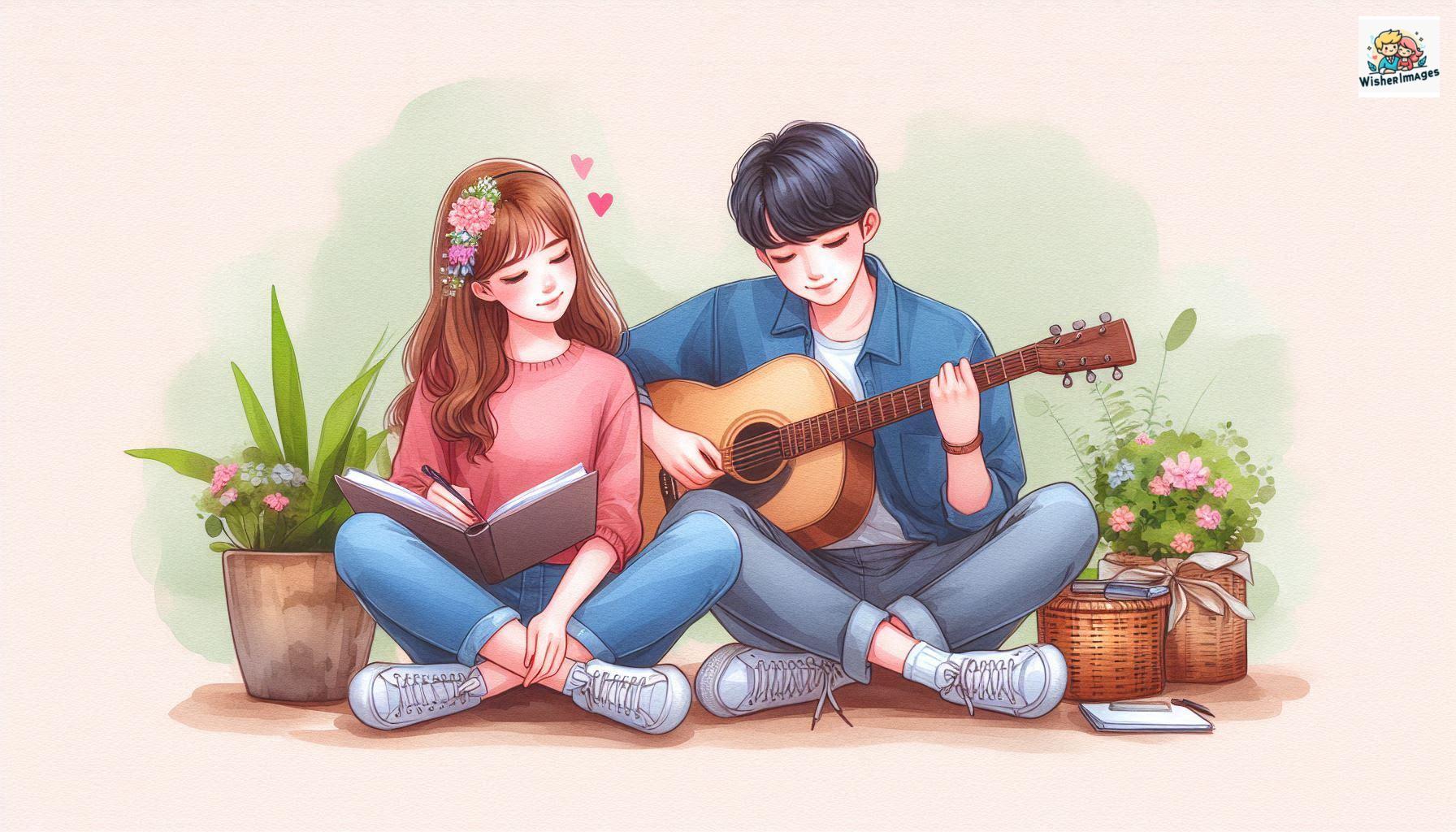 couple playing guitar drawing cute couple pic hd cartoon cute guitar couple ()