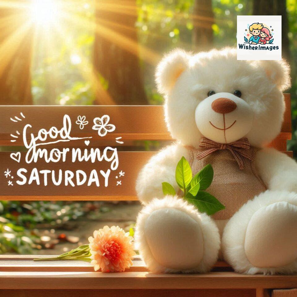 Good-morning-Saturday-free-whatsapp-images-download-A-cute-teddy-bear-reclining-on-a-wooden-bench-An-orange-flower-rests-on-the-bench-960x960 200+ Good morning Saturday free whatsapp images download