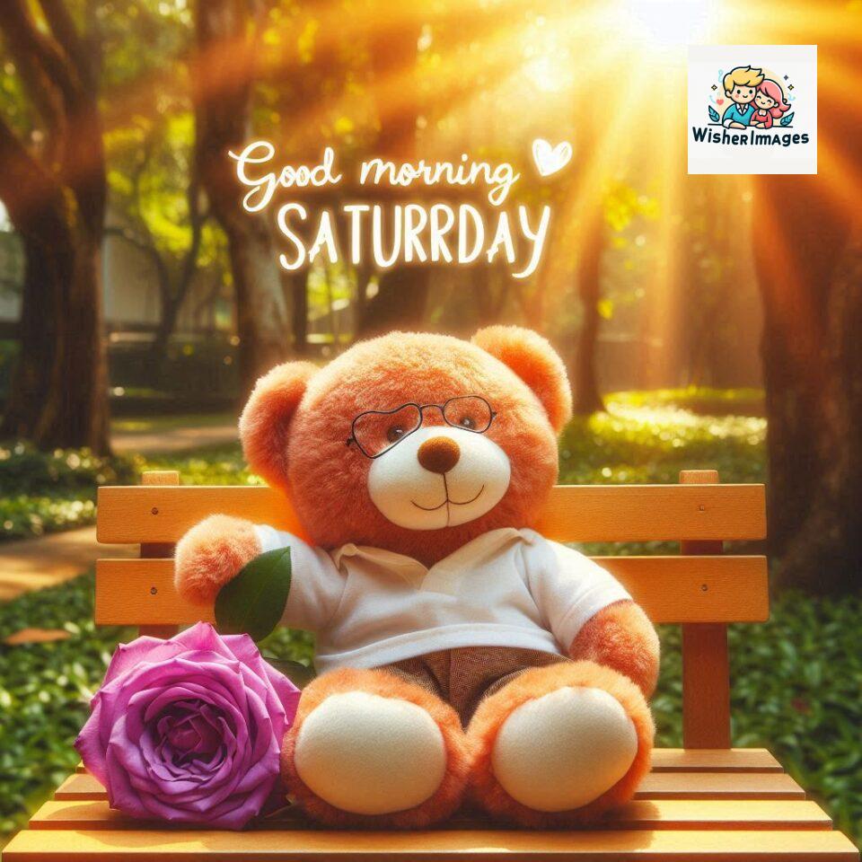 200+ Good morning Saturday free whatsapp images download 150 Good morning Saturday free whatsapp images download A cute teddy bear reclining on a wooden bench An orange flower rests on the bench ()