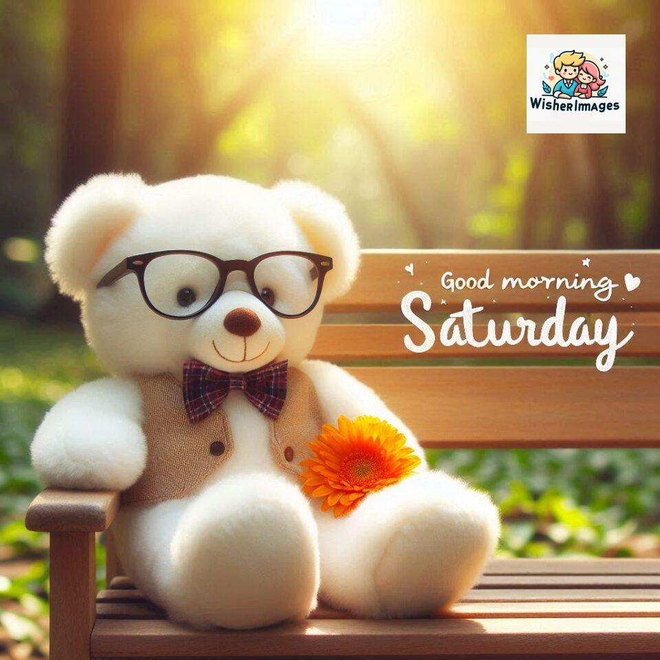 200+ Good morning Saturday free whatsapp images download 15 Good morning Saturday free whatsapp images download A cute teddy bear reclining on a wooden bench An orange flower rests on the bench ()