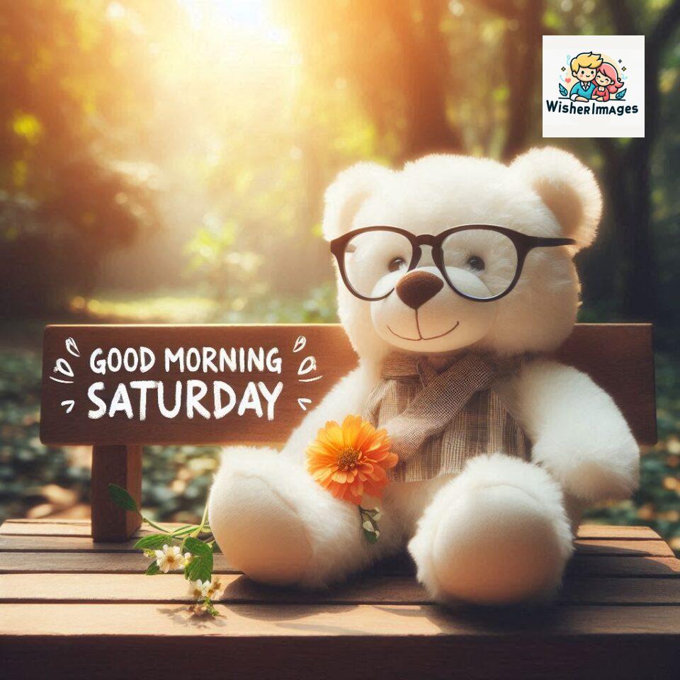 200+ Good morning Saturday free whatsapp images download 38 Good morning Saturday free whatsapp images download A cute teddy bear reclining on a wooden bench An orange flower rests on the bench ()