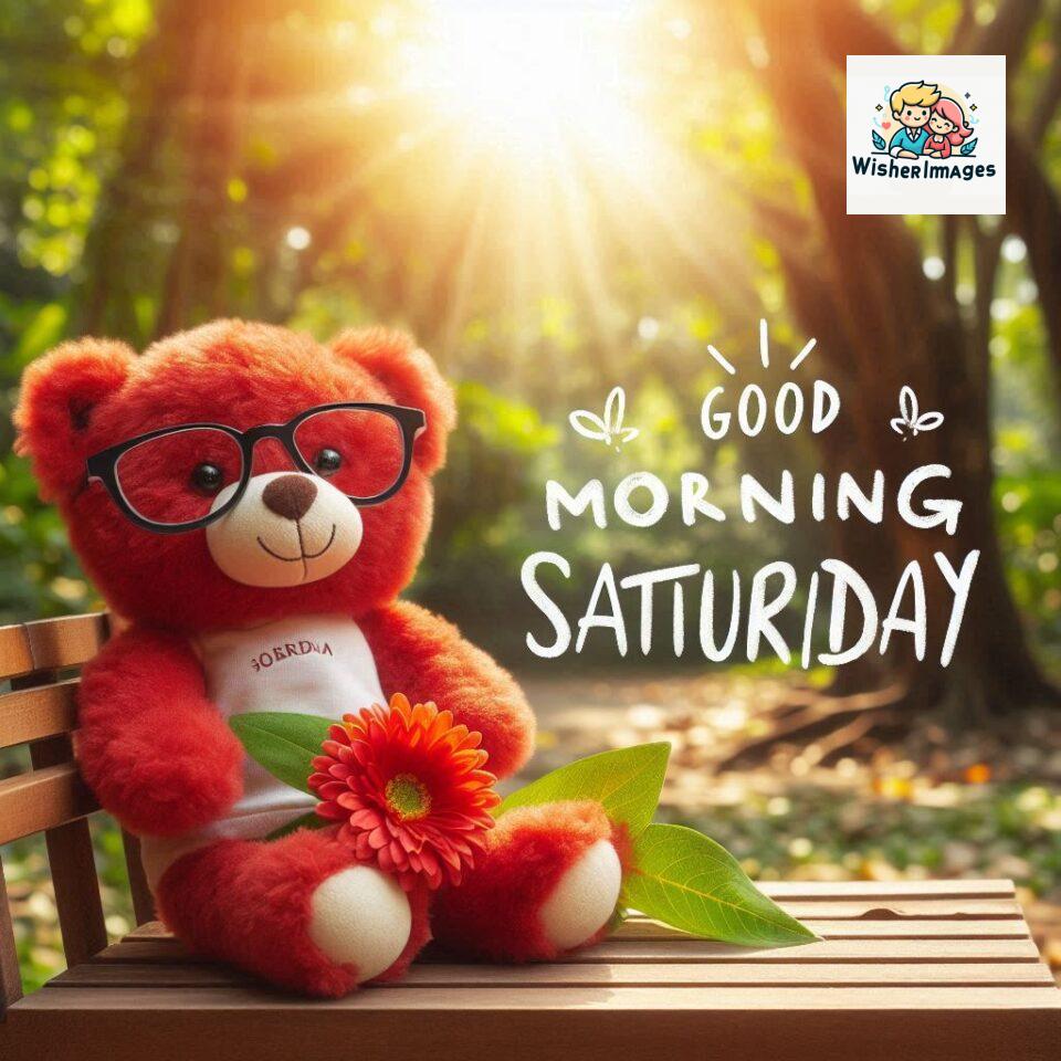 200+ Good morning Saturday free whatsapp images download 51 Good morning Saturday free whatsapp images download A cute teddy bear reclining on a wooden bench An orange flower rests on the bench ()