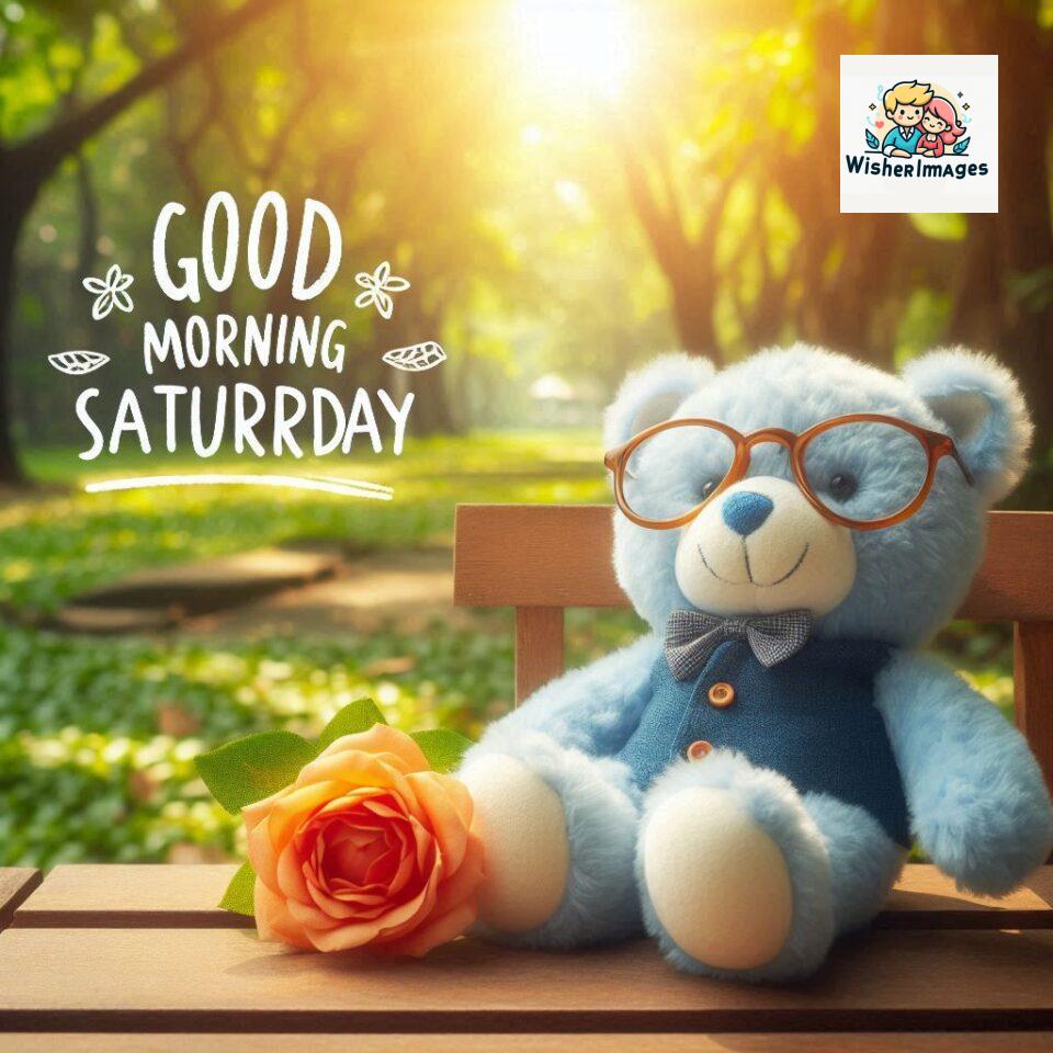 200+ Good morning Saturday free whatsapp images download 95 Good morning Saturday free whatsapp images download A cute teddy bear reclining on a wooden bench An orange flower rests on the bench ()