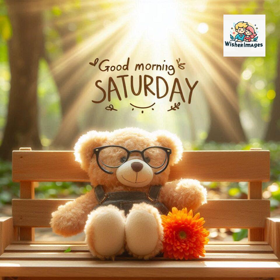 200+ Good morning Saturday free whatsapp images download 9 Good morning Saturday free whatsapp images download A cute teddy bear reclining on a wooden bench An orange flower rests on the bench ()