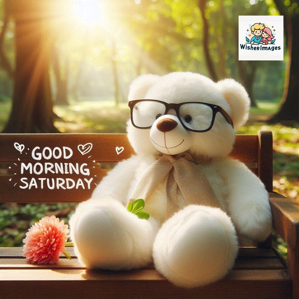 200+ Good morning Saturday free whatsapp images download 21 Good morning Saturday free whatsapp images download A cute teddy bear reclining on a wooden bench An orange flower rests on the bench ()