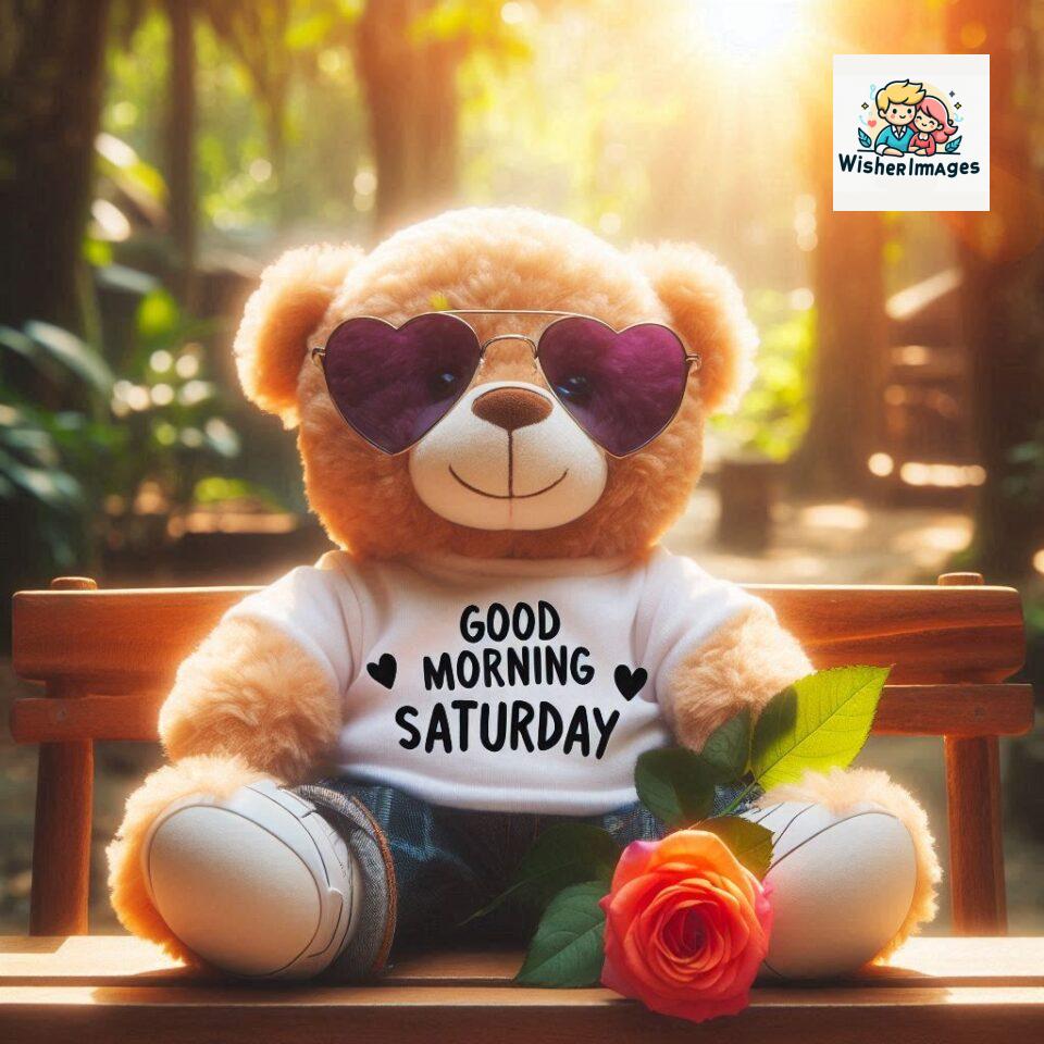 200+ Good morning Saturday free whatsapp images download 184 Good morning Saturday free whatsapp images download A cute teddy bear reclining on a wooden bench An orange flower rests on the bench ()