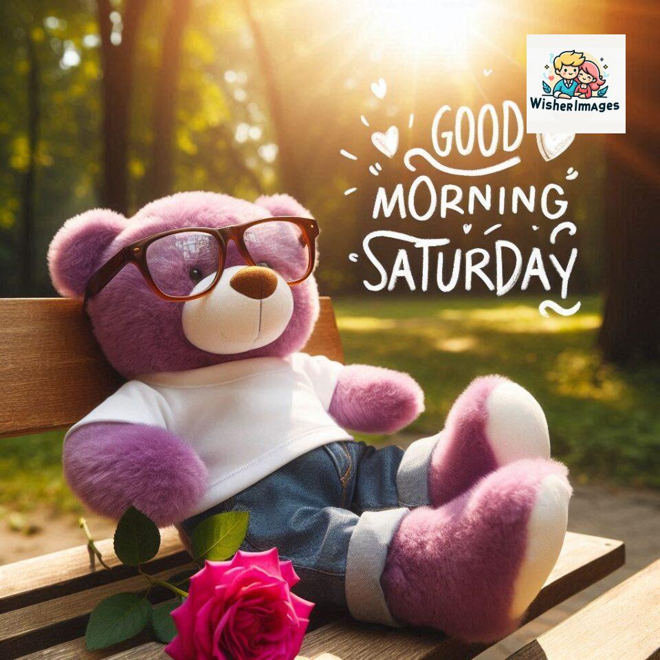 200+ Good morning Saturday free whatsapp images download 153 Good morning Saturday free whatsapp images download A cute teddy bear reclining on a wooden bench An orange flower rests on the bench ()