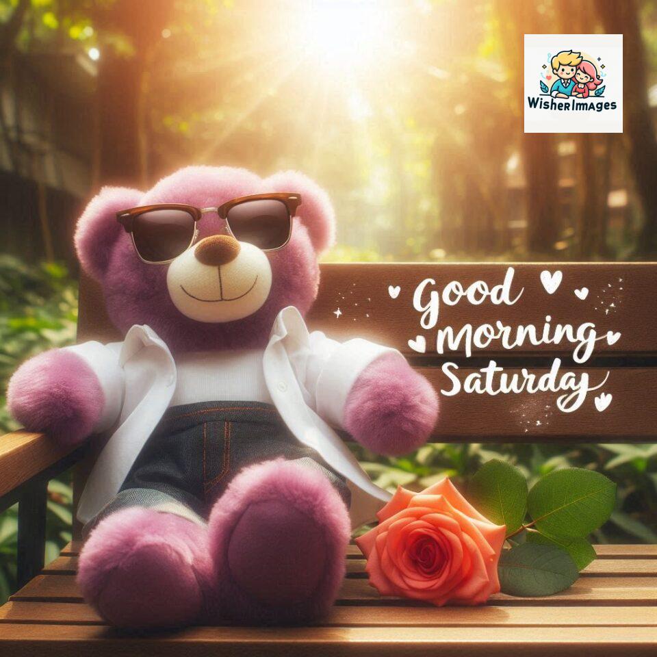 200+ Good morning Saturday free whatsapp images download 177 Good morning Saturday free whatsapp images download A cute teddy bear reclining on a wooden bench An orange flower rests on the bench ()