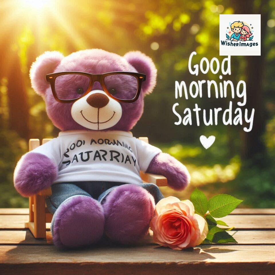 200+ Good morning Saturday free whatsapp images download 175 Good morning Saturday free whatsapp images download A cute teddy bear reclining on a wooden bench An orange flower rests on the bench ()