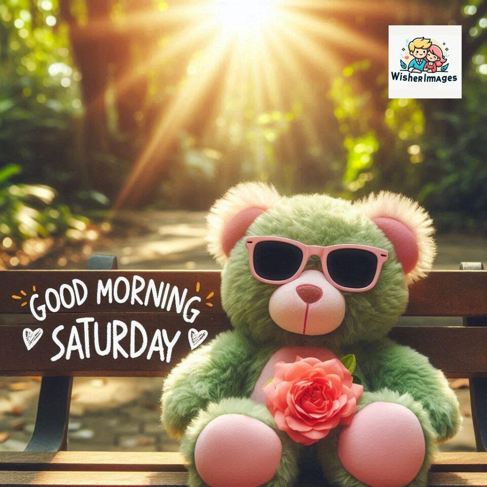 200+ Good morning Saturday free whatsapp images download 130 Good morning Saturday free whatsapp images download A cute teddy bear reclining on a wooden bench An orange flower rests on the bench ()