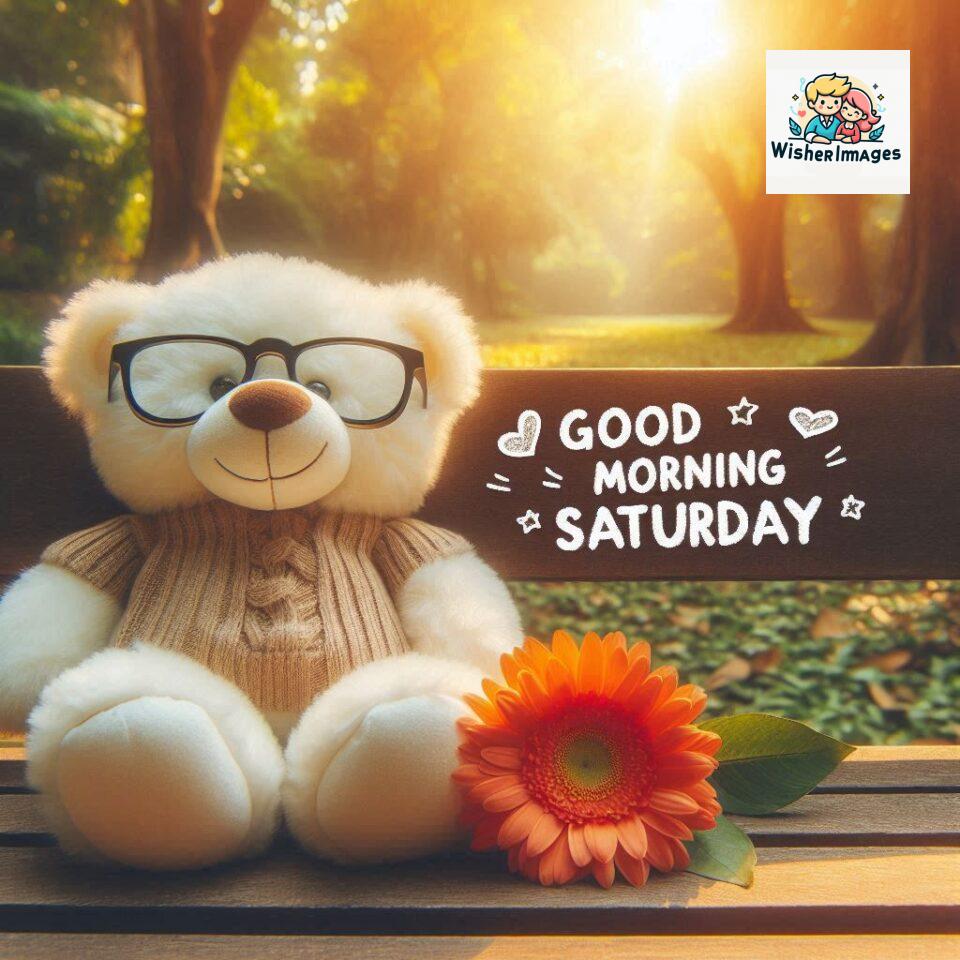 200+ Good morning Saturday free whatsapp images download 40 Good morning Saturday free whatsapp images download A cute teddy bear reclining on a wooden bench An orange flower rests on the bench ()