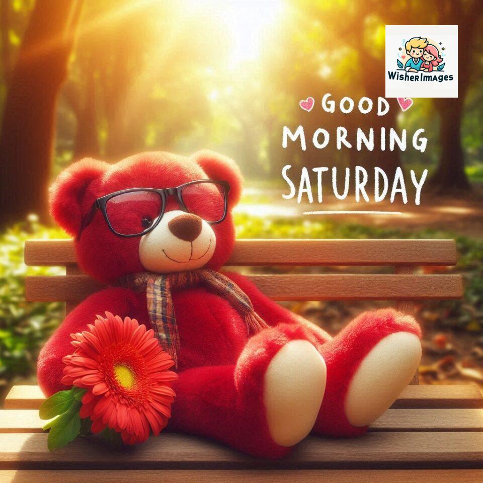 200+ Good morning Saturday free whatsapp images download 53 Good morning Saturday free whatsapp images download A cute teddy bear reclining on a wooden bench An orange flower rests on the bench ()