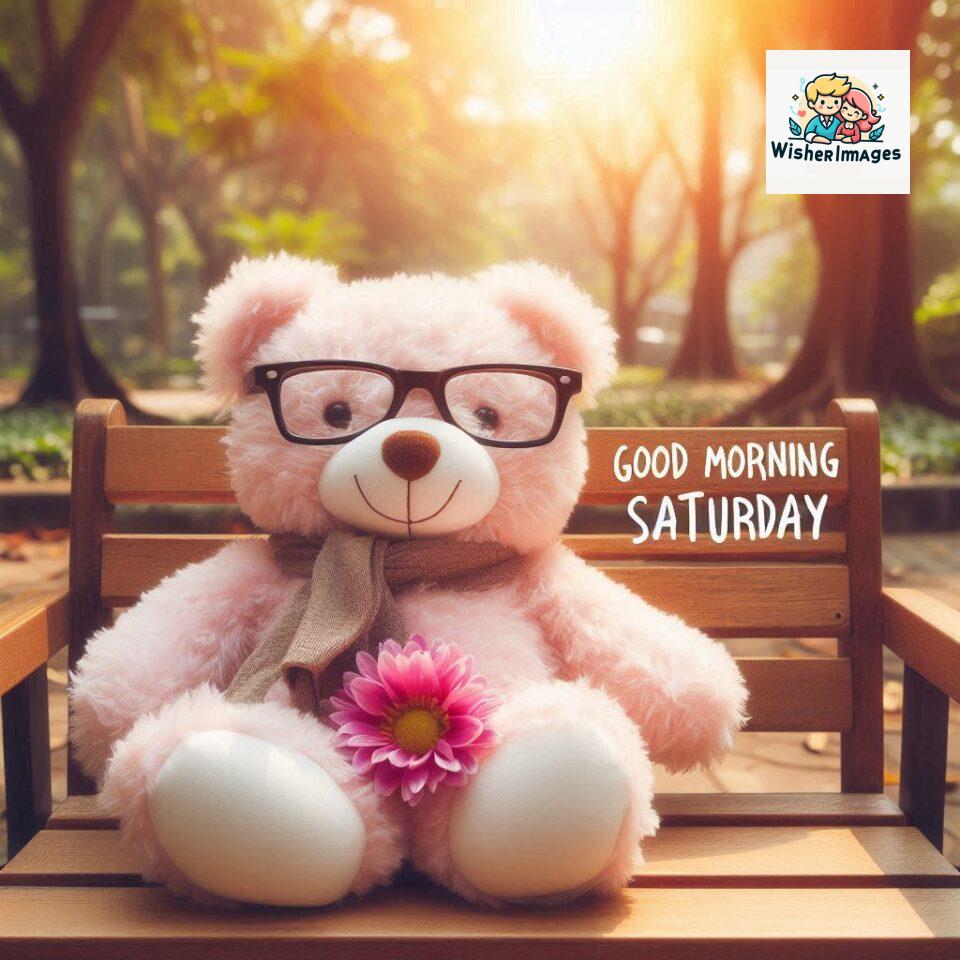 200+ Good morning Saturday free whatsapp images download 58 Good morning Saturday free whatsapp images download A cute teddy bear reclining on a wooden bench An orange flower rests on the bench ()