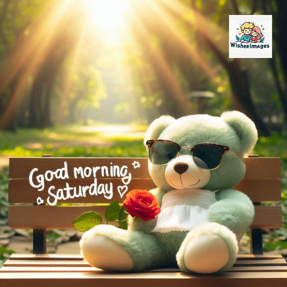 200+ Good morning Saturday free whatsapp images download 136 Good morning Saturday free whatsapp images download A cute teddy bear reclining on a wooden bench An orange flower rests on the bench ()