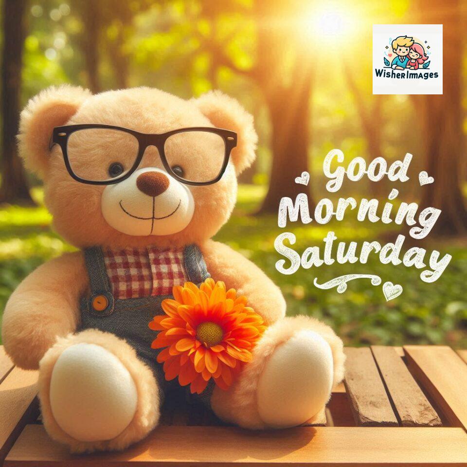 200+ Good morning Saturday free whatsapp images download 11 Good morning Saturday free whatsapp images download A cute teddy bear reclining on a wooden bench An orange flower rests on the bench ()