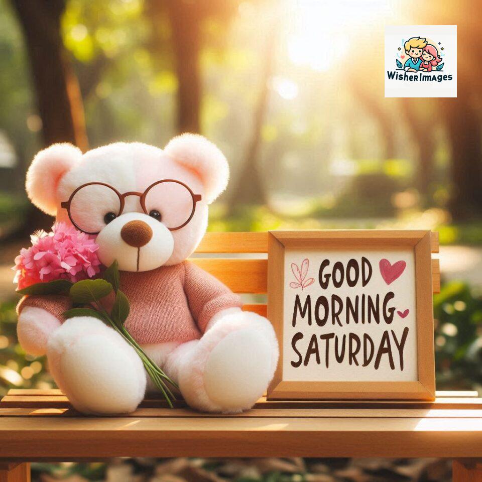 200+ Good morning Saturday free whatsapp images download 64 Good morning Saturday free whatsapp images download A cute teddy bear reclining on a wooden bench An orange flower rests on the bench ()
