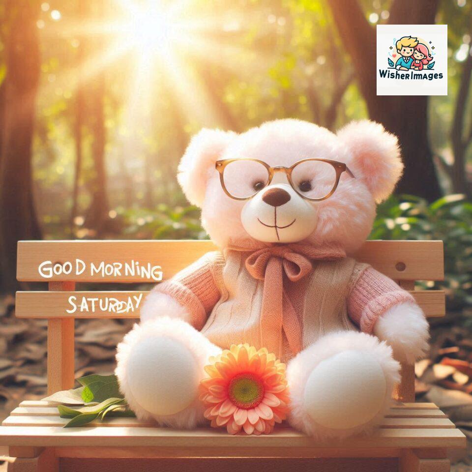 Good-morning-Saturday-free-whatsapp-images-download-A-cute-teddy-bear-reclining-on-a-wooden-bench-An-orange-flower-rests-on-the-bench_134-960x960 200+ Good morning Saturday free whatsapp images download