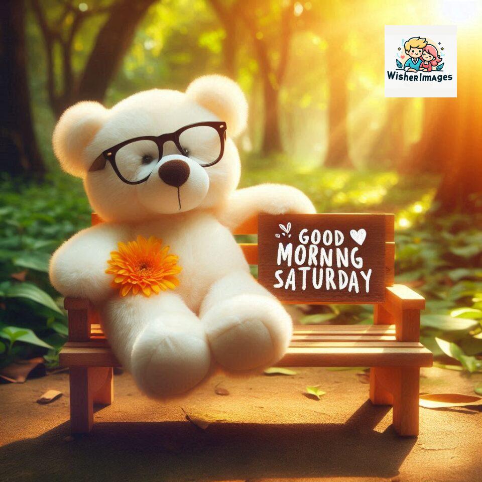 200+ Good morning Saturday free whatsapp images download 20 Good morning Saturday free whatsapp images download A cute teddy bear reclining on a wooden bench An orange flower rests on the bench ()
