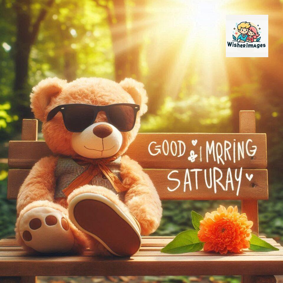 200+ Good morning Saturday free whatsapp images download 25 Good morning Saturday free whatsapp images download A cute teddy bear reclining on a wooden bench An orange flower rests on the bench ()