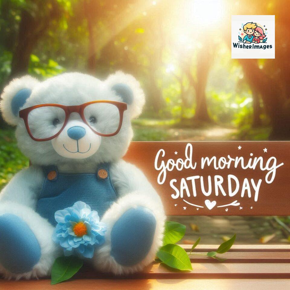 200+ Good morning Saturday free whatsapp images download 80 Good morning Saturday free whatsapp images download A cute teddy bear reclining on a wooden bench An orange flower rests on the bench ()