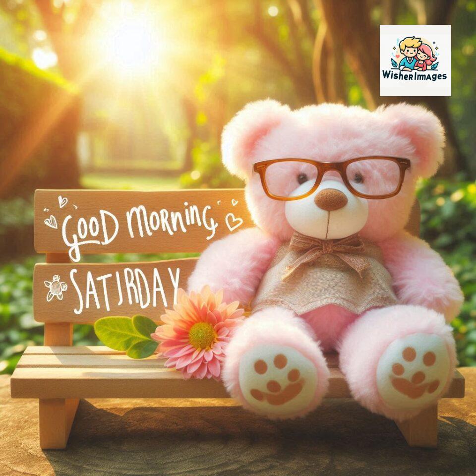 200+ Good morning Saturday free whatsapp images download 70 Good morning Saturday free whatsapp images download A cute teddy bear reclining on a wooden bench An orange flower rests on the bench ()