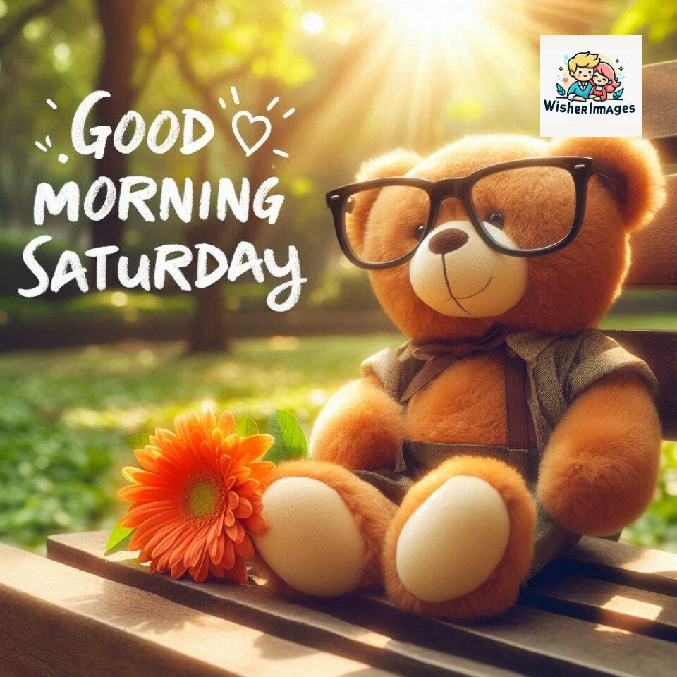 200+ Good morning Saturday free whatsapp images download 12 Good morning Saturday free whatsapp images download A cute teddy bear reclining on a wooden bench An orange flower rests on the bench ()