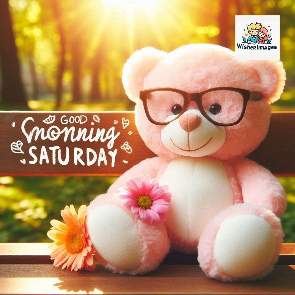 200+ Good morning Saturday free whatsapp images download 63 Good morning Saturday free whatsapp images download A cute teddy bear reclining on a wooden bench An orange flower rests on the bench ()