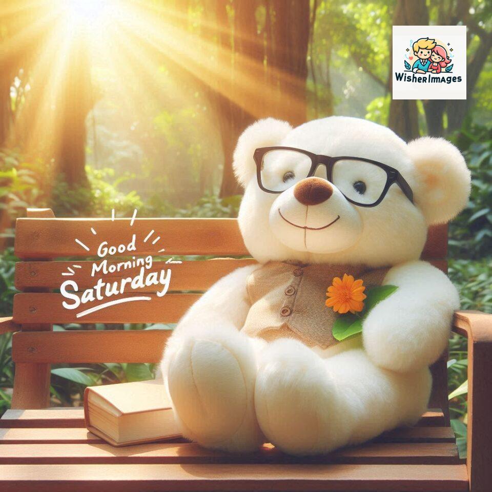 200+ Good morning Saturday free whatsapp images download 3 Good morning Saturday free whatsapp images download A cute teddy bear reclining on a wooden bench An orange flower rests on the bench ()