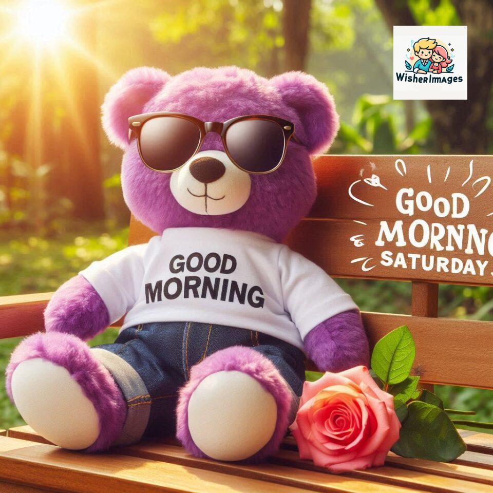200+ Good morning Saturday free whatsapp images download 178 Good morning Saturday free whatsapp images download A cute teddy bear reclining on a wooden bench An orange flower rests on the bench ()