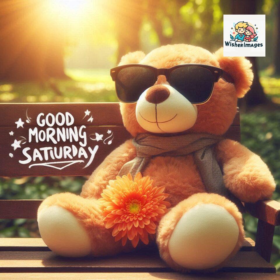 200+ Good morning Saturday free whatsapp images download 33 Good morning Saturday free whatsapp images download A cute teddy bear reclining on a wooden bench An orange flower rests on the bench ()