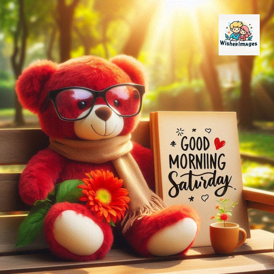 200+ Good morning Saturday free whatsapp images download 45 Good morning Saturday free whatsapp images download A cute teddy bear reclining on a wooden bench An orange flower rests on the bench ()