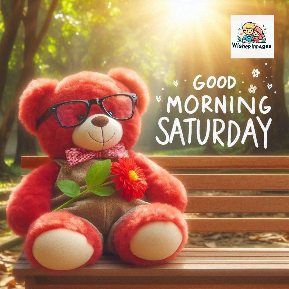 200+ Good morning Saturday free whatsapp images download 43 Good morning Saturday free whatsapp images download A cute teddy bear reclining on a wooden bench An orange flower rests on the bench ()