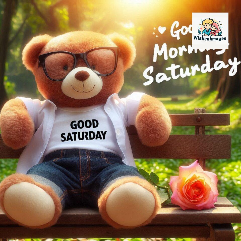 200+ Good morning Saturday free whatsapp images download 164 Good morning Saturday free whatsapp images download A cute teddy bear reclining on a wooden bench An orange flower rests on the bench ()