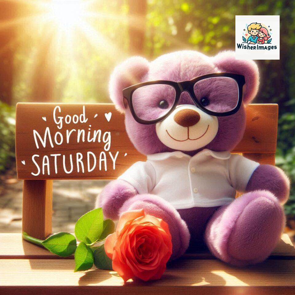 200+ Good morning Saturday free whatsapp images download 152 Good morning Saturday free whatsapp images download A cute teddy bear reclining on a wooden bench An orange flower rests on the bench ()