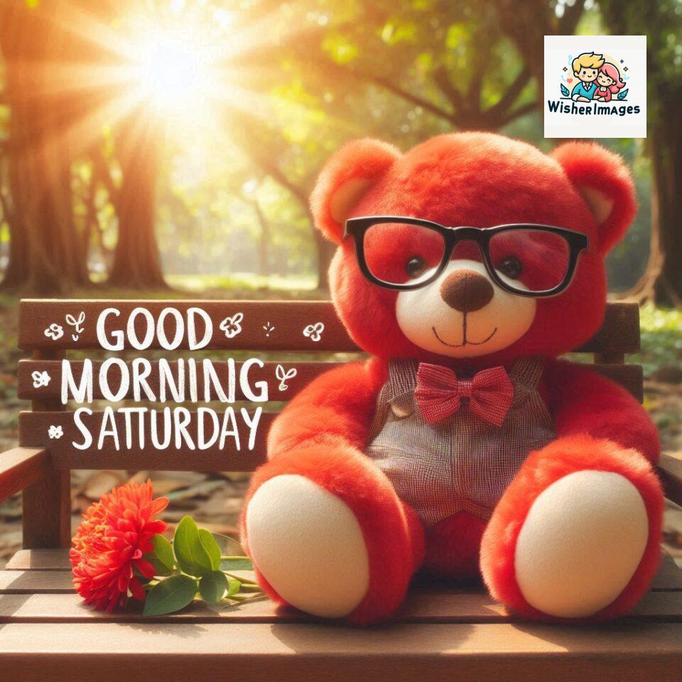 200+ Good morning Saturday free whatsapp images download 50 Good morning Saturday free whatsapp images download A cute teddy bear reclining on a wooden bench An orange flower rests on the bench ()