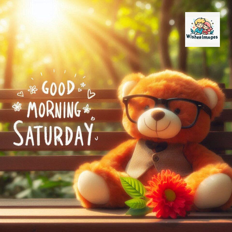 200+ Good morning Saturday free whatsapp images download 42 Good morning Saturday free whatsapp images download A cute teddy bear reclining on a wooden bench An orange flower rests on the bench ()