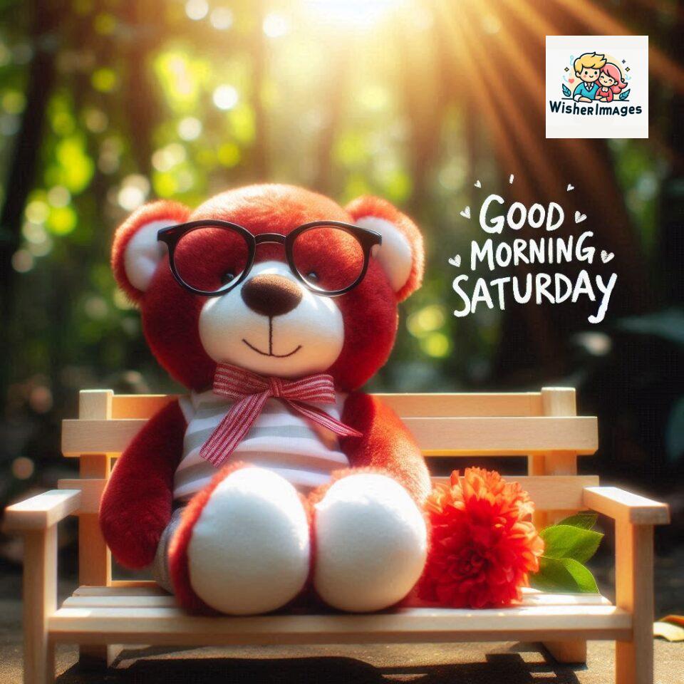 200+ Good morning Saturday free whatsapp images download 55 Good morning Saturday free whatsapp images download A cute teddy bear reclining on a wooden bench An orange flower rests on the bench ()