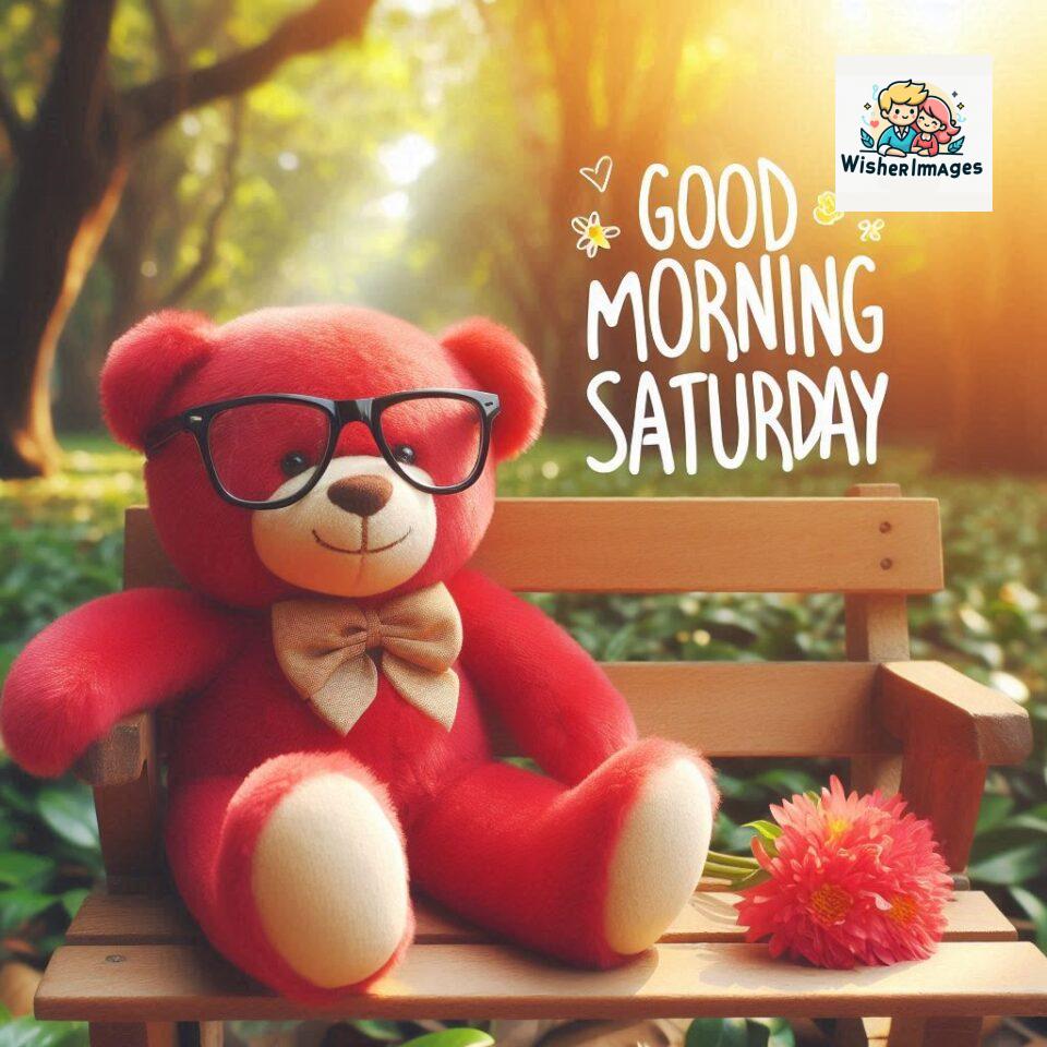 200+ Good morning Saturday free whatsapp images download 46 Good morning Saturday free whatsapp images download A cute teddy bear reclining on a wooden bench An orange flower rests on the bench ()