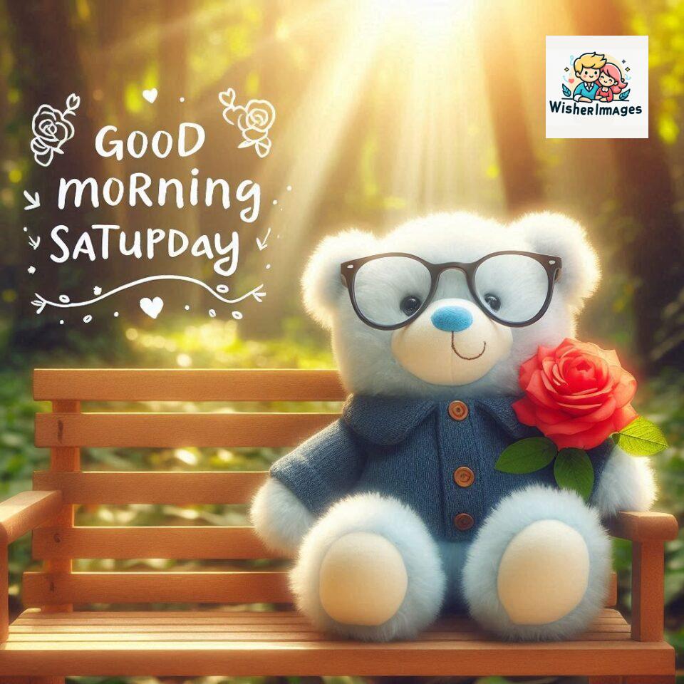 200+ Good morning Saturday free whatsapp images download 98 Good morning Saturday free whatsapp images download A cute teddy bear reclining on a wooden bench An orange flower rests on the bench ()