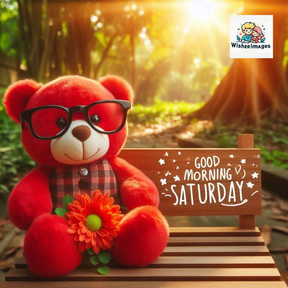 200+ Good morning Saturday free whatsapp images download 44 Good morning Saturday free whatsapp images download A cute teddy bear reclining on a wooden bench An orange flower rests on the bench ()
